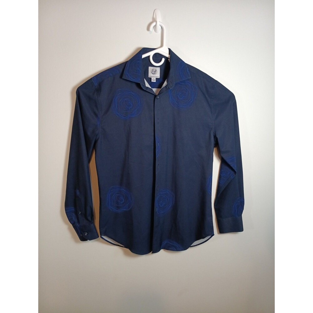 Black/Blue Long Sleeve Shirt Smoke Ring Pattern Kilburne Finch Men Small 14/14.5